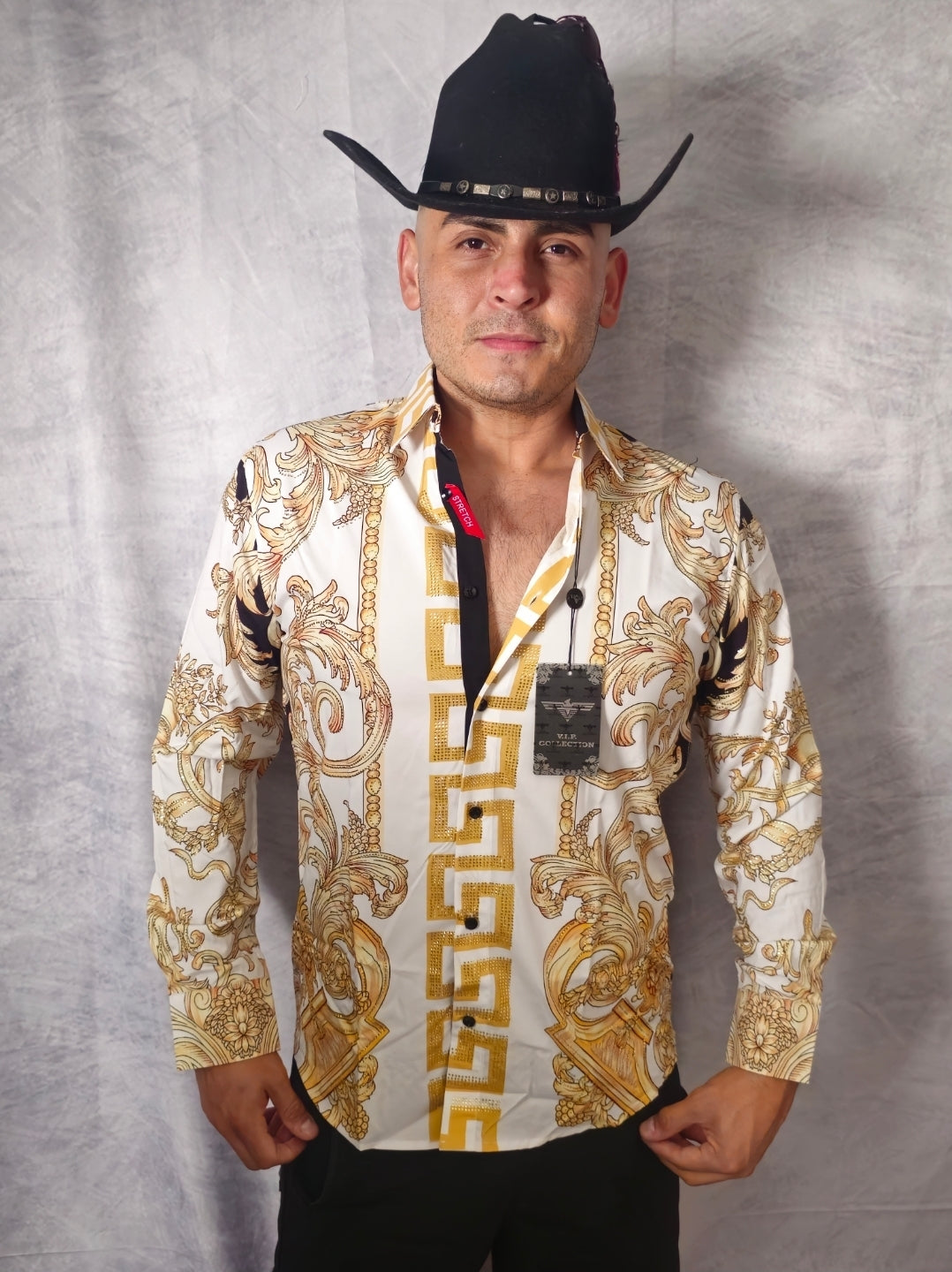 V.I.P. COLLECTION MEN'S RHINESTONE BUTTON-UP LONG SLEEVES SHIRT (GOLD/WHITE VWSL-4)