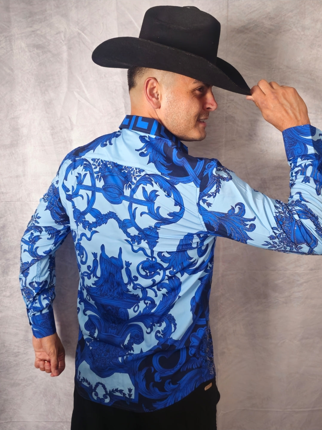 V.I.P. COLLECTION MEN'S RHINESTONE BUTTON-UP LONG SLEEVES SHIRT (BLUE/BLACK VWSL-4)