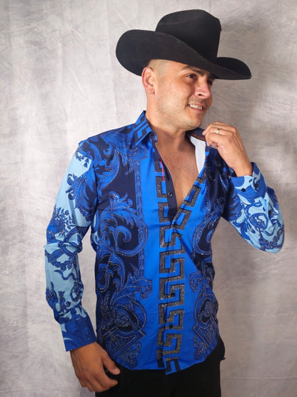 V.I.P. COLLECTION MEN'S RHINESTONE BUTTON-UP LONG SLEEVES SHIRT (BLUE/BLACK VWSL-4)