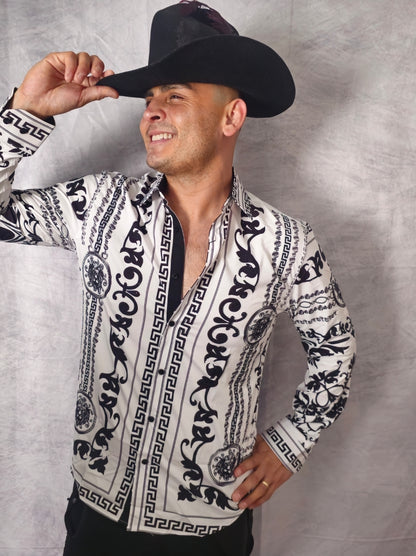 V.I.P. COLLECTION MEN'S RHINESTONE BUTTON-UP LONG SLEEVES SHIRT (WHITE/BLACK VWSL-4)