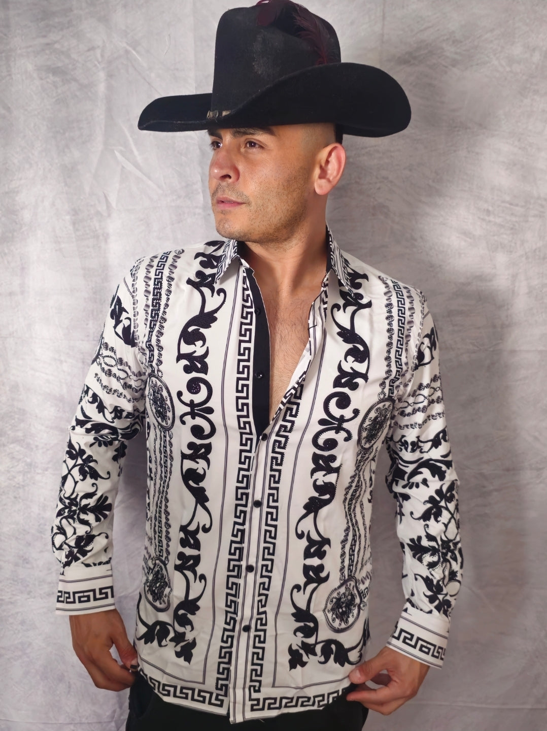 V.I.P. COLLECTION MEN'S RHINESTONE BUTTON-UP LONG SLEEVES SHIRT (WHITE/BLACK VWSL-4)