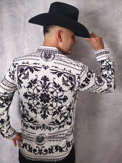 V.I.P. COLLECTION MEN'S RHINESTONE BUTTON-UP LONG SLEEVES SHIRT (WHITE/BLACK VWSL-4)