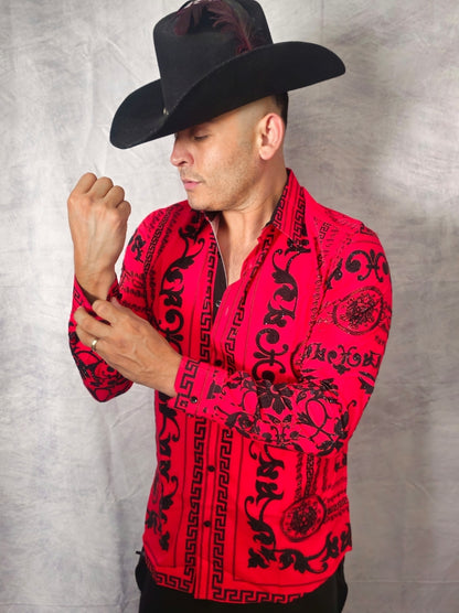 V.I.P. COLLECTION MEN'S RHINESTONE BUTTON-UP LONG SLEEVES SHIRT (RED/BLACK VWSL-4)