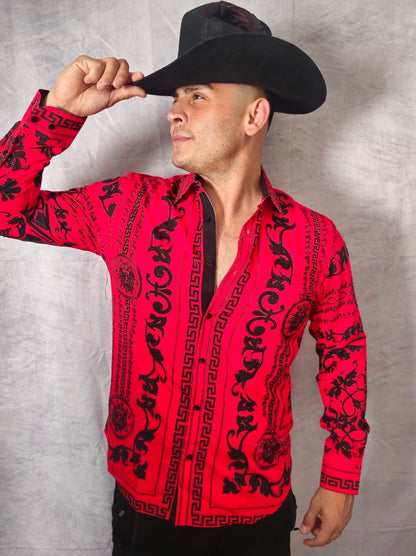 V.I.P. COLLECTION MEN'S RHINESTONE BUTTON-UP LONG SLEEVES SHIRT (RED/BLACK VWSL-4)