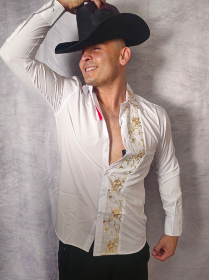 V.I.P. COLLECTION MEN'S RHINESTONE BUTTON-UP LONG SLEEVES SHIRT (WHITE VWSF-13)