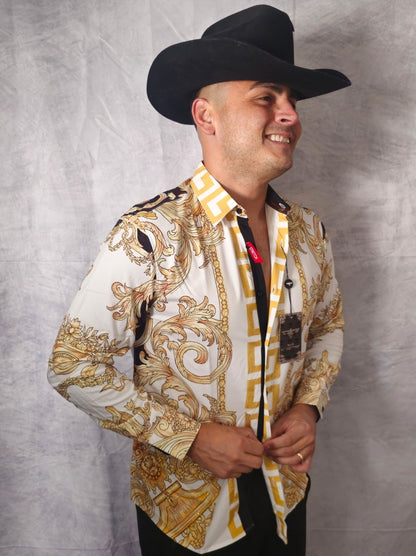 V.I.P. COLLECTION MEN'S RHINESTONE BUTTON-UP LONG SLEEVES SHIRT (GOLD/WHITE VWSL-4)