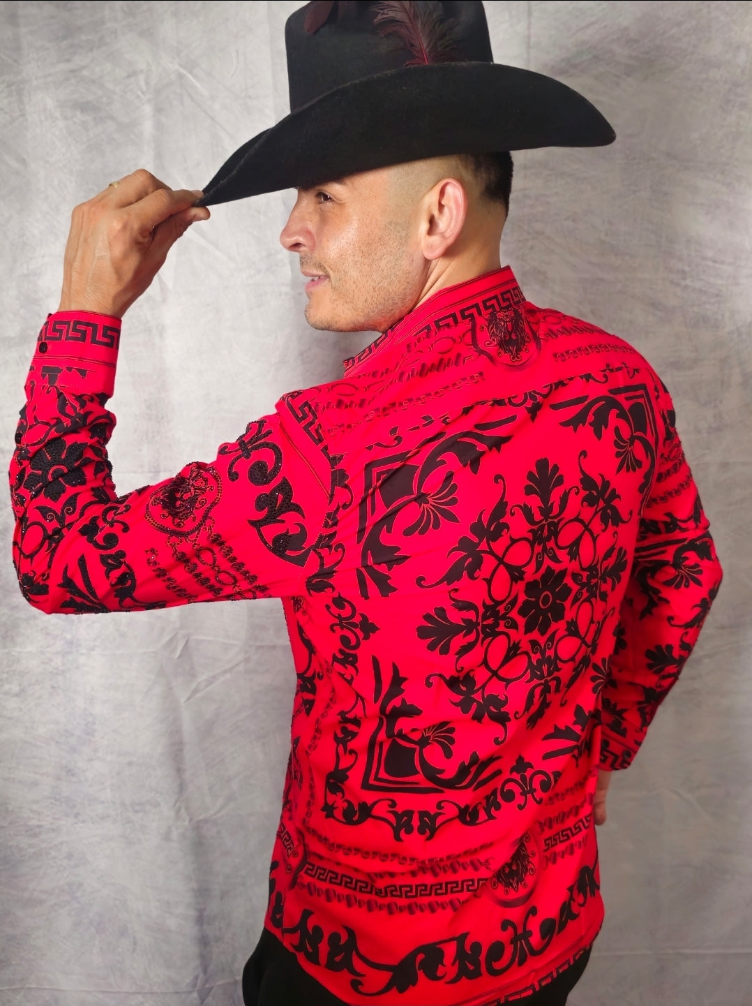 V.I.P. COLLECTION MEN'S RHINESTONE BUTTON-UP LONG SLEEVES SHIRT (RED/BLACK VWSL-4)