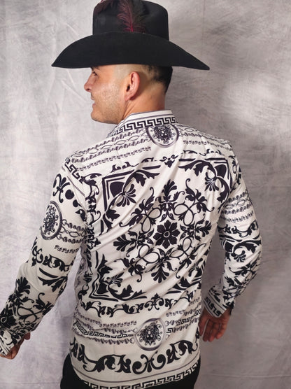 V.I.P. COLLECTION MEN'S RHINESTONE BUTTON-UP LONG SLEEVES SHIRT (WHITE/BLACK VWSL-4)