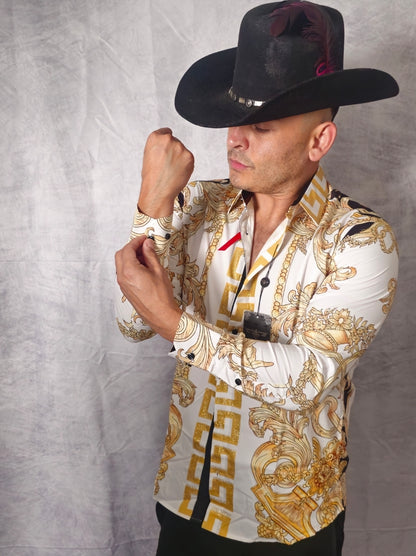 V.I.P. COLLECTION MEN'S RHINESTONE BUTTON-UP LONG SLEEVES SHIRT (GOLD/WHITE VWSL-4)