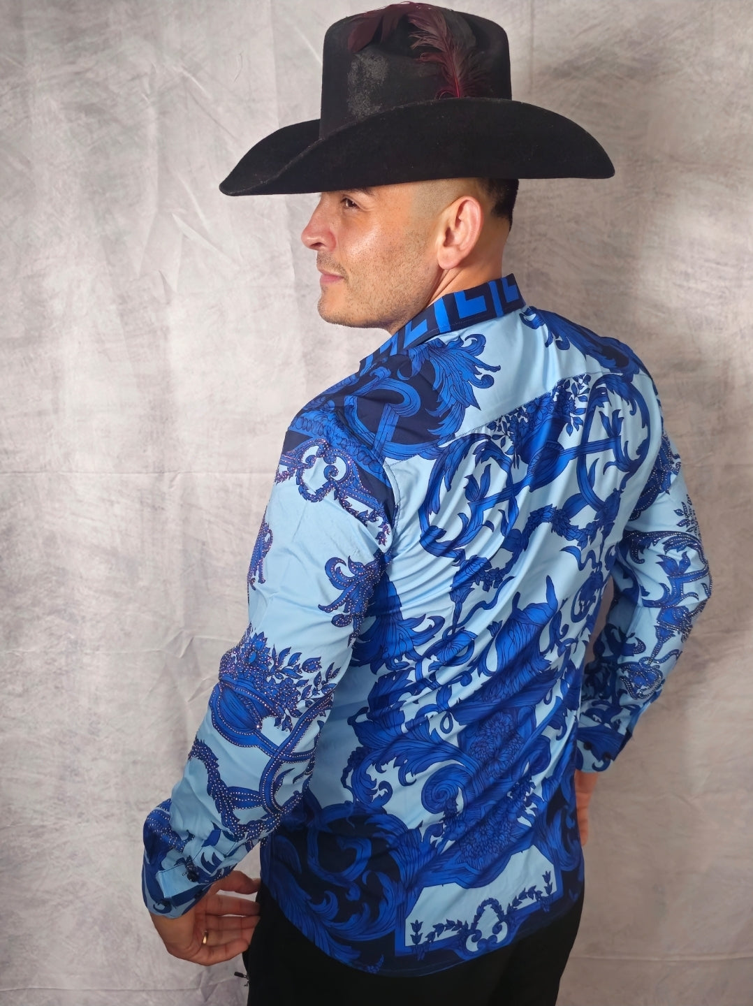 V.I.P. COLLECTION MEN'S RHINESTONE BUTTON-UP LONG SLEEVES SHIRT (BLUE/BLACK VWSL-4)