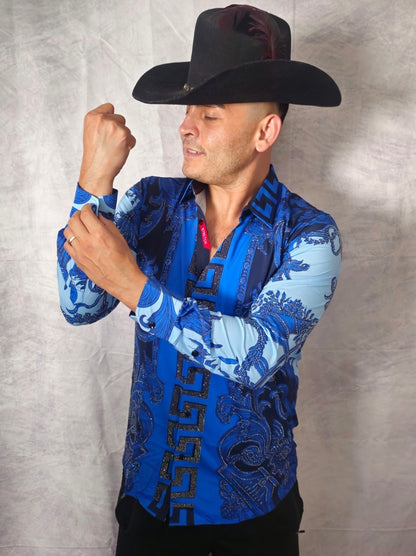 V.I.P. COLLECTION MEN'S RHINESTONE BUTTON-UP LONG SLEEVES SHIRT (BLUE/BLACK VWSL-4)