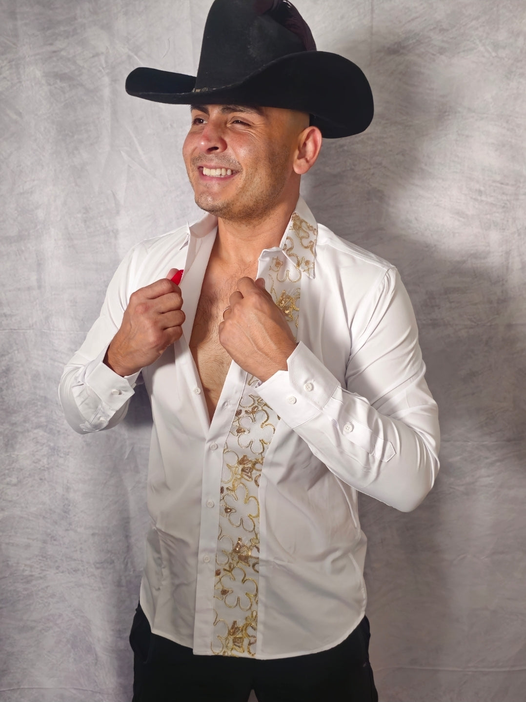 V.I.P. COLLECTION MEN'S RHINESTONE BUTTON-UP LONG SLEEVES SHIRT (WHITE VWSF-13)