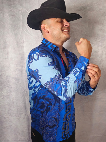 V.I.P. COLLECTION MEN'S RHINESTONE BUTTON-UP LONG SLEEVES SHIRT (BLUE/BLACK VWSL-4)