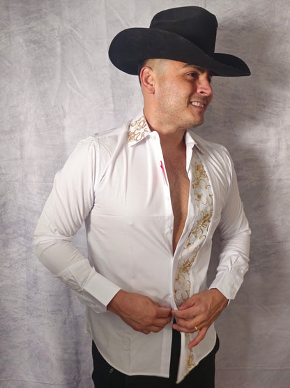 V.I.P. COLLECTION MEN'S RHINESTONE BUTTON-UP LONG SLEEVES SHIRT (WHITE VWSF-13)