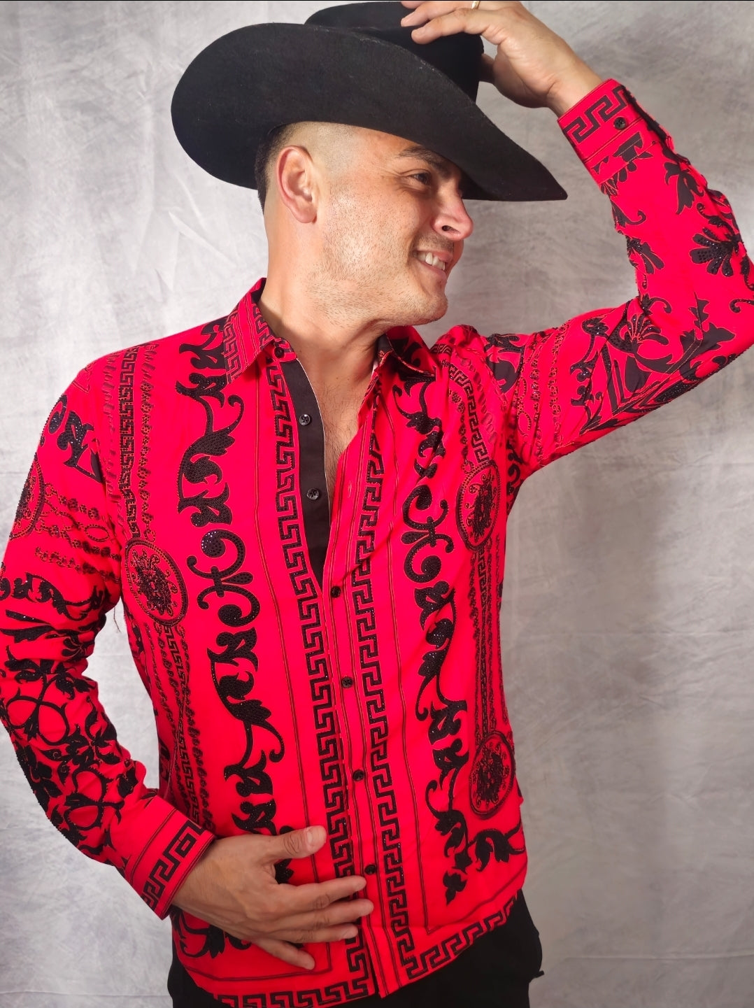 V.I.P. COLLECTION MEN'S RHINESTONE BUTTON-UP LONG SLEEVES SHIRT (RED/BLACK VWSL-4)