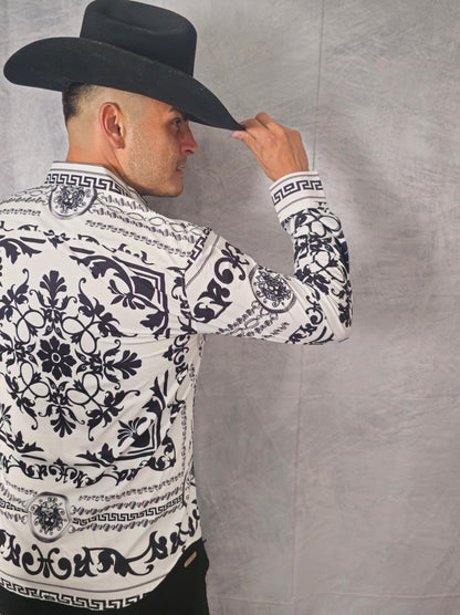 V.I.P. COLLECTION MEN'S RHINESTONE BUTTON-UP LONG SLEEVES SHIRT (WHITE/BLACK VWSL-4)